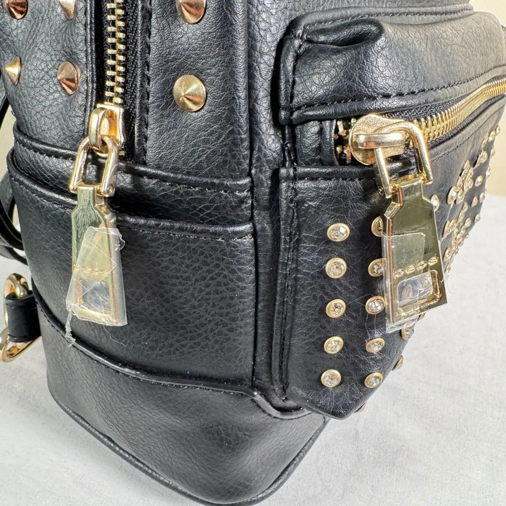 NWOT Bebe Black Rhinestone Studded Mini Backpack‎ Y2K Glam Vegan Leather Bag